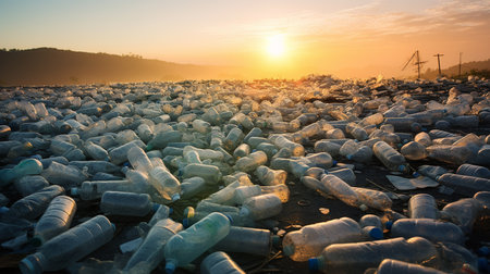 Unused Plastic bottles in canal or sea with the blurred background for the waste concept.の素材