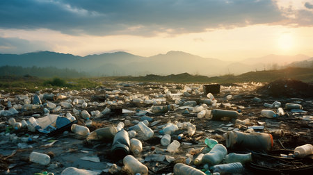 Unused Plastic bottles in canal or sea with the blurred background for the waste concept.の素材