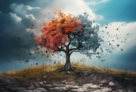 Global warming concept. Lonely dead tree under dramatic evening sunset sky at drought cracked desert landscapeの素材