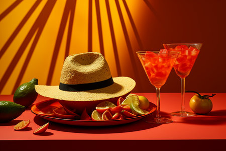 Lime decoration on a cocktail glass with a red drink standing on a beach table. Nearby lies a summer hat and glasses.の素材