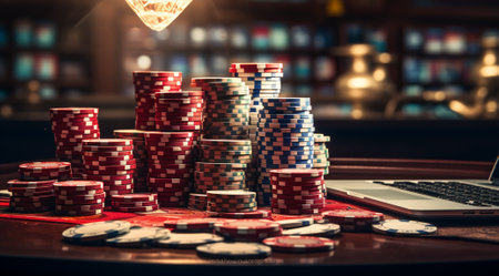 Poker Chips on a gaming table with dramatic lightingの素材