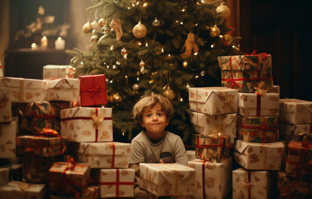 A little cute boy plays with wooden toys, the child plays and develops, Christmas mood, New Year tree.の素材