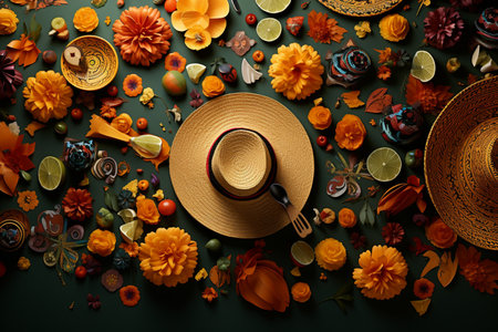 Old woven hat with flowersの素材