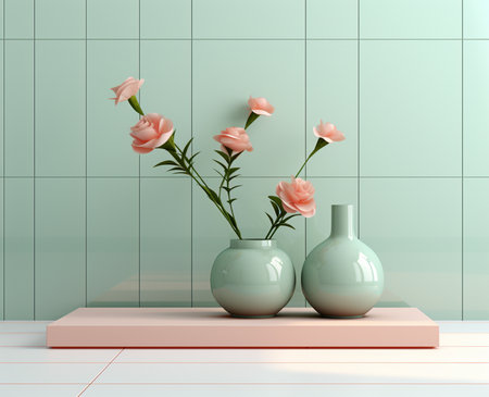 Display podium with flower pot. soft background. 3d rendering. 3d illustration.の素材