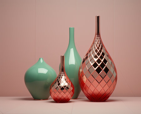 Different decorative vases on shelf on light backgroundの素材