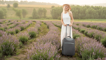 woman with bag in lavender field.の写真素材