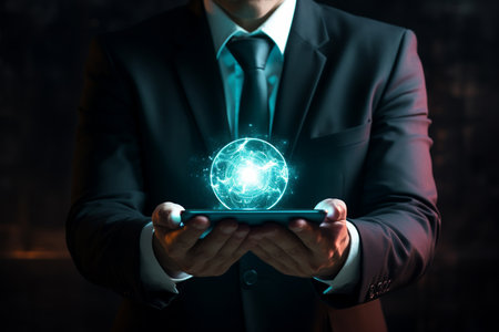 Businessman holding the global digital screen, digital layer effect, business strategy analytic concept, Big data, Cloud computing, Security computer network,data-driven organization.Communicationの素材
