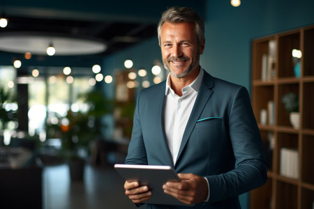 Mid adult man using a digital tablet while working in the officeの素材