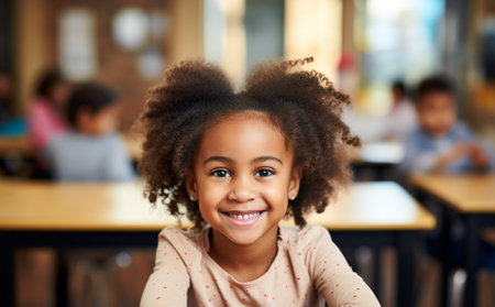 Childs portrait. African happy beautiful young girl with curly hair close-up.の素材