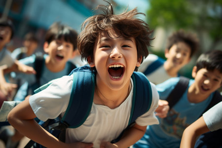 Bunch of cheerful joyful cute little children playing together and having fun. Group portrait of happy kids smiling. Low angle, view from below. Friendship conceptの素材