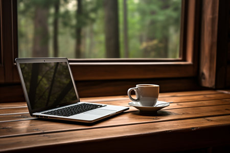 Laptop computer and cup of coffee on a table in cafeの素材