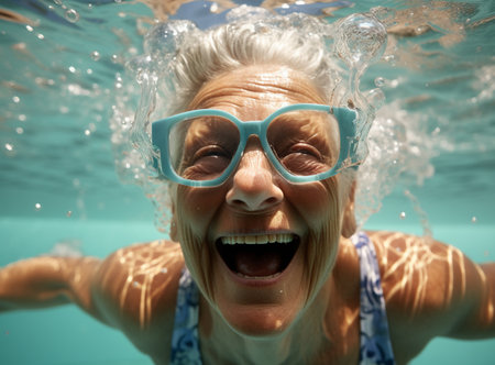 Underwater portrait of woman. Girl having fun in swimming pool. Summer vacation conceptの素材