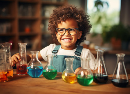 A boy doing experiments in the laboratory. Explosion in the laboratory. Science and education.の素材