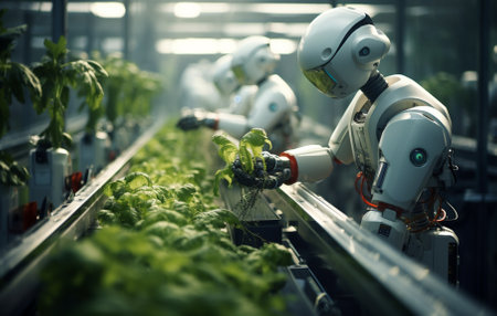 Smart robotic farmers in agriculture futuristic robot automation to vegetable farmの素材