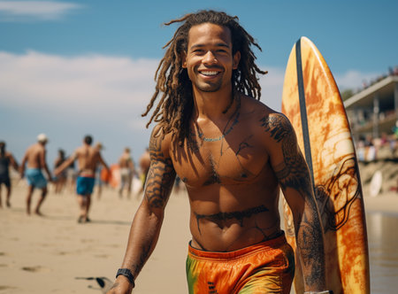 Young surfer having fun enjoying a surf day at sunset time - Extreme sport lifestyle people conceptの素材