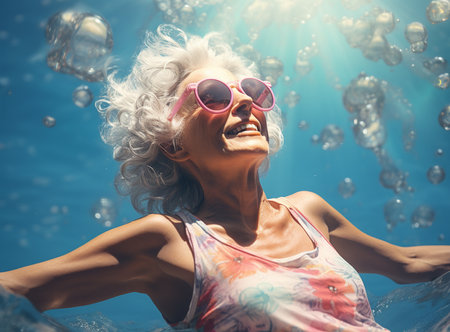 Underwater portrait of woman. Girl having fun in swimming pool. Summer vacation conceptの素材