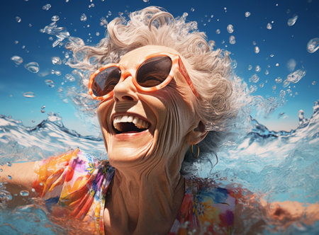Underwater portrait of woman. Girl having fun in swimming pool. Summer vacation conceptの素材