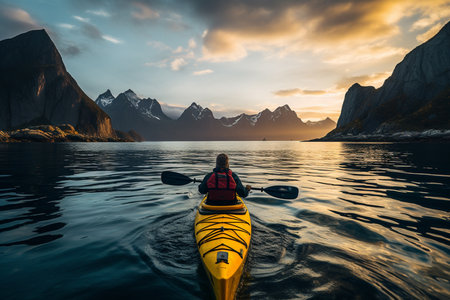 3D Rendering. Kayaking in Lake Water surrounded by Rugged Alpine Mountain Landscape. Dramatic Sunset Sky.の素材