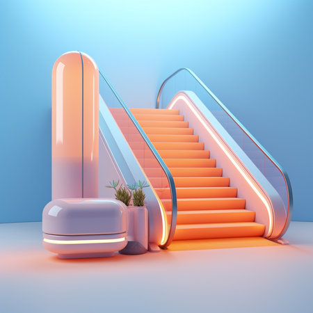 Photo of modern escalator, stairway in office building, indoors architecture, contemporary expensive design of staircase, fast move to go down, airport exit, subway station, motion upの素材