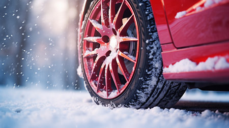 Studded snow tires on the car at winter roadの素材