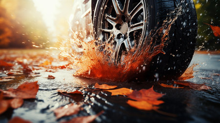 Sports car driven on rainy roads close up on a wheel with motion blur effectの素材
