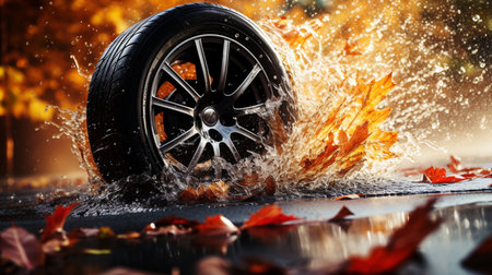autumn leaves on a car tyre on the streetの素材