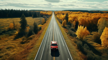 Top view car in autumn road 3d renderingの素材