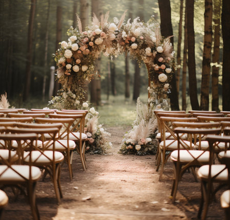 Very beautiful outside ceremony. classical wedding in forest. The arch is wooden. White flowers. Brown chairs. Rite. Bride and groom. Decor. Floristics. In the open air. Path from the petals of roses.の素材