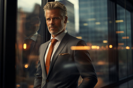 Shot of the Confident Businessman in a Suit in His Office, Put Hands in Pockets and Looking out of the Window Thoughtfully, Contemplating New Business Deals and Future Contracts.の素材