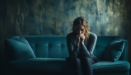 Young attractive latin woman lying at home living room couch feeling sad tired and worried suffering depression in mental health, problems and broken heart concept.の素材