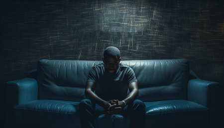 Bored man with lethargy and apathy sitting at home alone.の素材