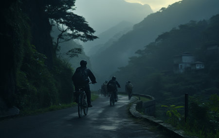 Rear side of the cyclist ride his bicycle up high on hill, Cycling to destination no matter how bad weather is. Foggy, windy, raining and cold day.の素材