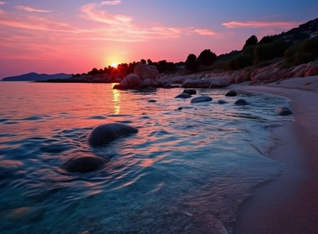 Beautiful colorful sunrise at the sea with dramatic clouds and boulders. Beauty world natural outdoors travel backgroundの素材