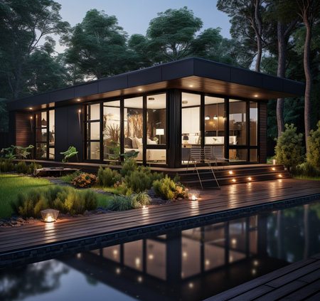 3D rendering of a contemporary villa in the countrysideの素材