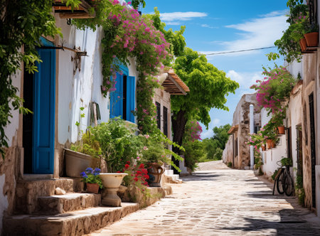 Picturesque narrow street with traditional whitewashed houses with blooming flowers of town in famous tourist attraction Paros island, Greeceの素材