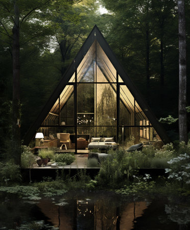 Lake with vintage tiny house in a sunset forest environment. 3d rendering.の素材