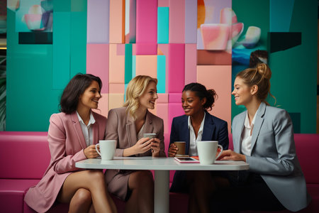 Team of employees enjoying coffee break together in office. Startup projectの素材