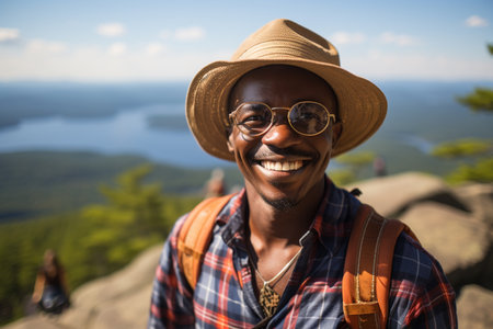 Portrait of happy young black man hiking with backpack taking selfie and pointing to sunsetの素材