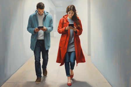 Cool urban couple looking on smartphone screen watch video or browse social media application outdoors embracing stand over longboard skate. Hipster young adult use mobile phone together happy smilingの素材