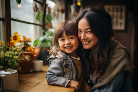 Portrait of happy mother embracing her little daughter while sitting at table. They are looking forward over the window and smilingの素材