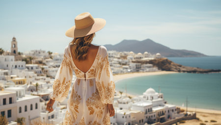 Happy woman in white dress and straw hat enjoying her holidays on Santorini island. Europe summer travel destination. Greek Islandsの素材
