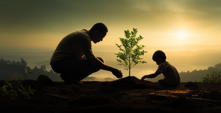 fresh sapling tree sunset, young roots, soil earth, plant garden, silhouette happiness family father child, dad daughter walking together park, plant trees spring, save planet, farmerの素材