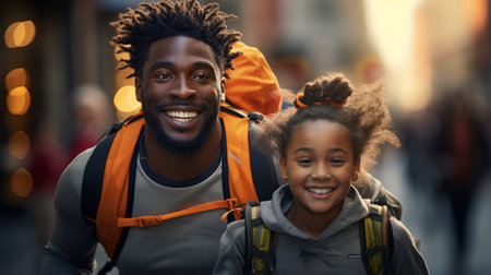 happy father and daughter standing on the street and smiling at the cameraの素材
