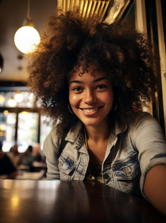 Young woman at cafe drinking coffee. Beautiful African girl on coffee break.の素材