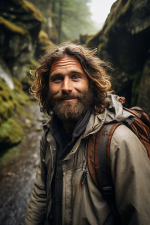 tourism, mountains, lifestyle, nature, people, Selfie concept - Young Man Traveler Makes Selfie On Background Mountains In Summer, at sunset. bearded tourist smilingの素材
