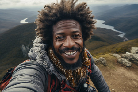 Portrait of happy young black man hiking with backpack taking selfie and pointing to sunsetの素材