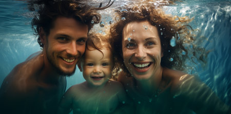 Happy family - mother, father, baby son learn to swim, training to dive underwater with fun in swimming pool to keep fit.の素材