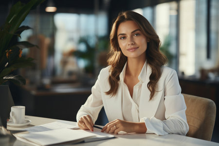 Portrait of writing happy smiling businesswoman working at officeの素材