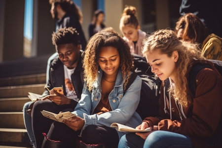 University building is behind. Young students in casual clothes are together outdoors.の素材