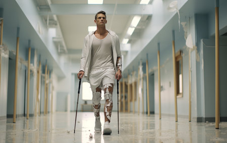 male i wearing prosthetic leg walking in luminous spacious corridorの素材